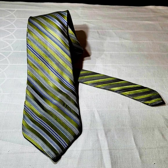 NICOLE MILLER NEW YORK designer Men's tie,  All Silk Green Blue Striped Pattern - Picture 11 of 14